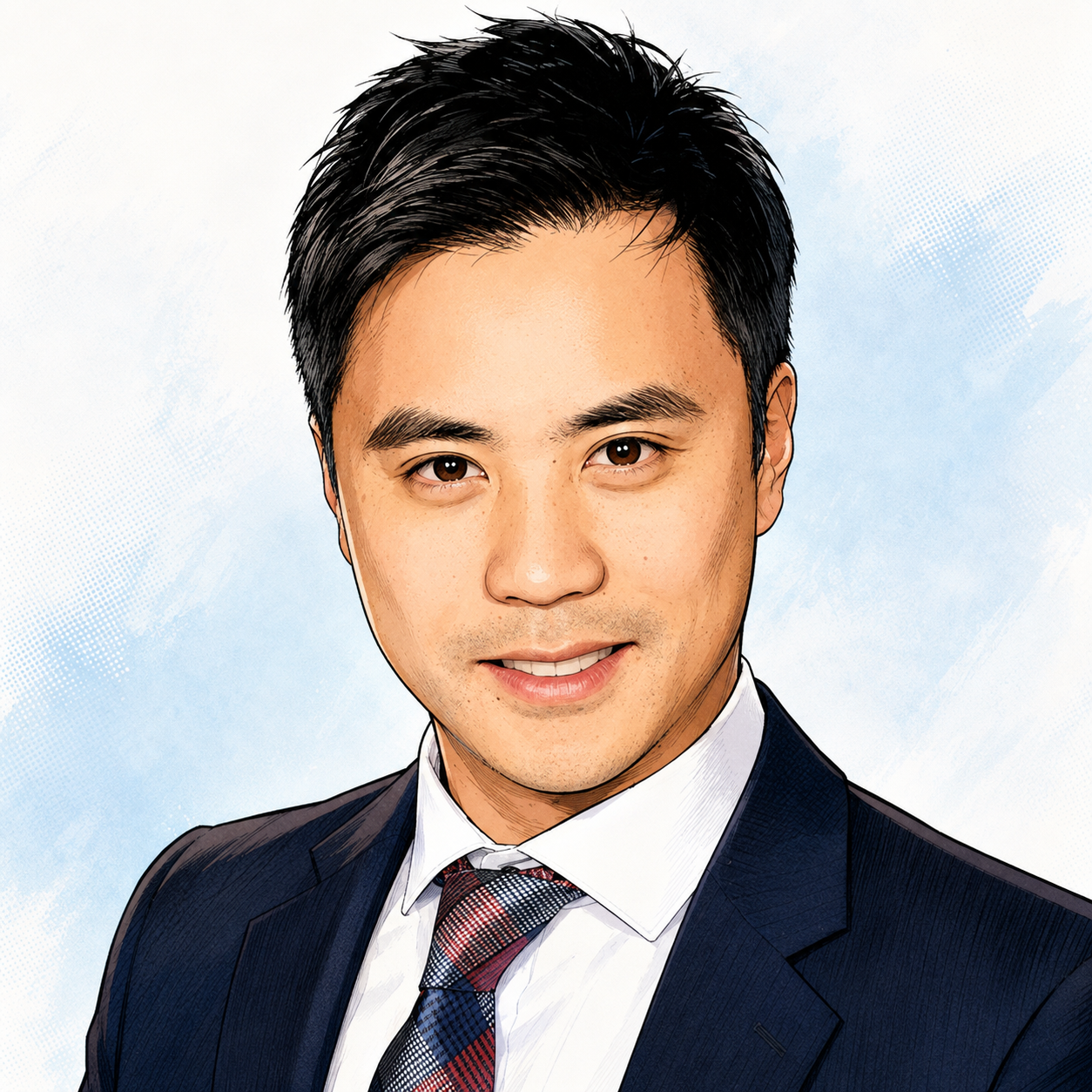 Comic-style executive portrait representing Andrew